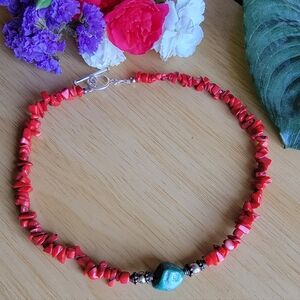 Handcrated Turquoise And Coral 925 Choker Beaded Necklace